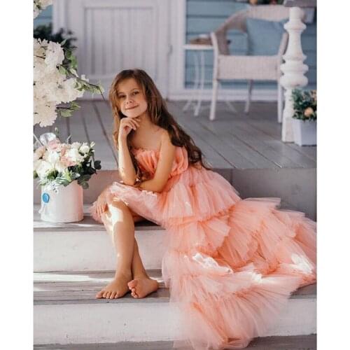 Ruffles Pink Flower Girls Dress for Weddings Baby Birthday Party Side Slit Pageant Gown Holy Communion Dresses Photo shoot