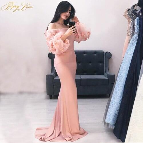 Fairy Mermaid Prom Dress Pink Off the Shoulder Formal Dress Long Plain Evening Dress Puffy Sleeves with Flowers Party Gown