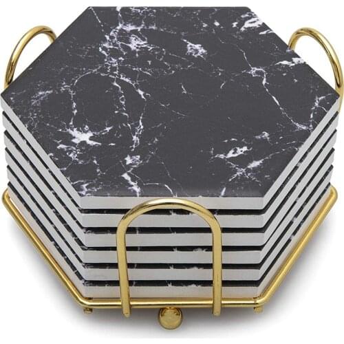 Coasters for Drinks with Gold Holder,Absorbent Ceramic Coasters with Marble Design,Coaster Set,Table Top Protection