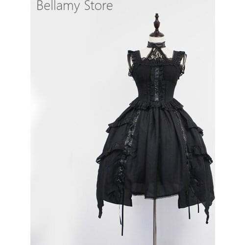 Retro Gothic Black Lolita Waltz punk sling sleeveless backless bandage dress jsk