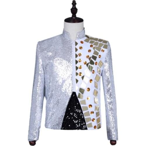 Stand collar lens blazer men suits designs jacket mens stage costumes singers clothes dance star style dress punk rock silver