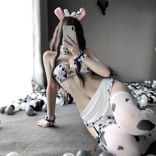 Japanese Cute Cow Cosplay Costumes Sexy Maid Apron Lingerie Anime Girls Erotic Underwear Lolita Bra and Panty Set Stockings
