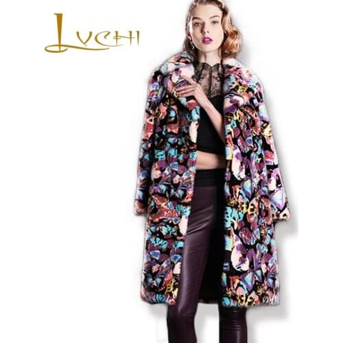 LVCHI 2019 new Flower Pattern Women Winter Mink Coat Fashion Female Boho Casual Visone Warm Fur Bohemian Mink Fur Coats