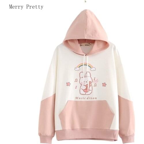 Women Patchwrok Hooded Sweatshirt Women Harajuku Japanese Cartoon Rabbit Print Casual Hoodies 2021 Summer Korean Ladies Cute Top