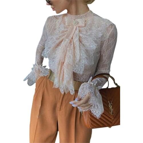 Women Long Sleeve Lace Solid Hollow Out Female Tops Women Office Style T-shirts