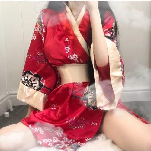 Women Sexy Sakura Kimono Japanese Cosplay Uniform Red Black Robe Floral Bathrobe Short Maid Role Play Fashion Night Gowns