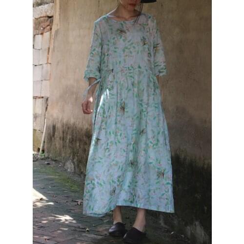 Preepy Long Green Floral Bird Print Three Quarter Sleeve Ramie Linen Dress, Summer Lady High Waisted A Line Thin Cool Cute Robe