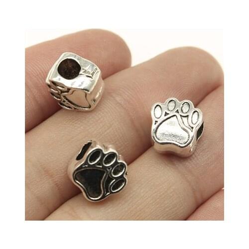10PCS/lot 11x7x11mm Dog Bear Paw 5mm Big Hole Antique Silver Bronze Color Beads Charms Fits Diy Charms Bracelet Jewelry Beads