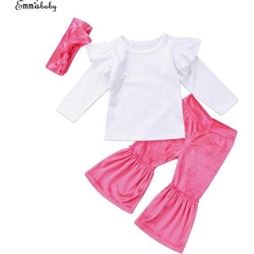 Lovely Newborn Toddler Kids Girls Ruffles Long Sleeve White T-shirt Tops Pink Bell Bottom Trousers Headband 3PCS Set Outfits