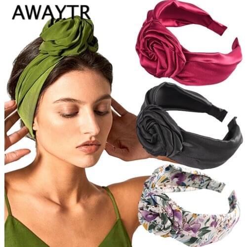 AWAYTR Rose Flower Headband for Women Knot Print Turban Solid Wide Knotted Hairband Bandana Hair Hoop Female Hair Accessories