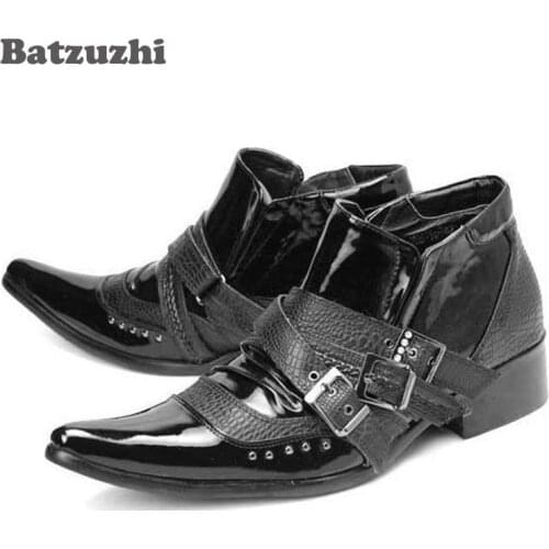 Batzuzhi Japanese Style Boots Men Rock Black Leather Ankle Boots Buckle Straps Rivets Wedding/Party Men Designers Puz Size 46