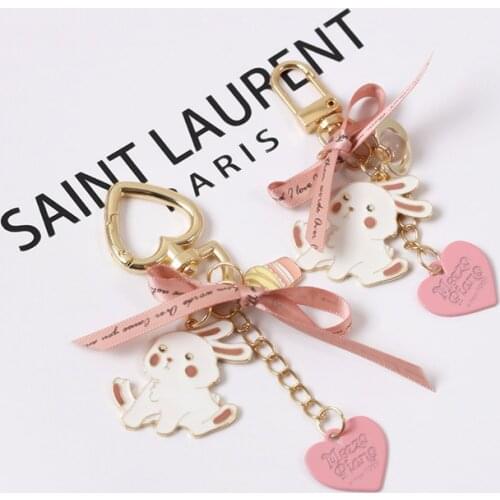 2021 Cute Cartoon Bunny Rabbits Gold Plated Ribbon Keychain For Girl Key Chains Ring Car Bag Pendent Airpods Accessories D697