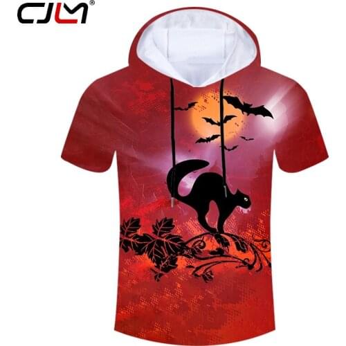 CJLM Happy Halloween Theme Cartoon Cat And Bat Mens Hooded Tshirt 3D Printed Animal Tee Shirt Polyester High Quality T-shirt