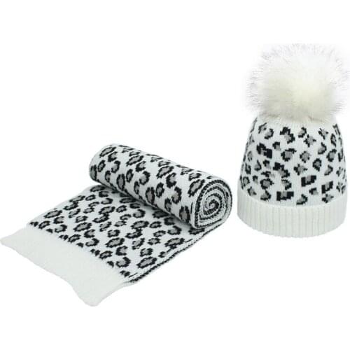 Women Winter Vintage Leopard Knitted Pompom Cuff Beanie Hat and Scarf Shawl Set