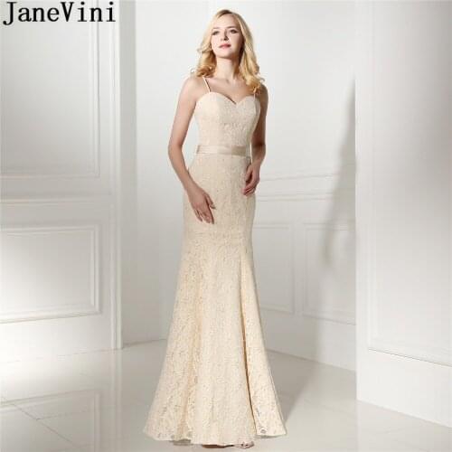 JaneVini 2018 Champagne Mermaid Lace Bridesmaid Dresses Long Gowns For Women Sequined Spaghetti Straps Sash Wedding Party Dress