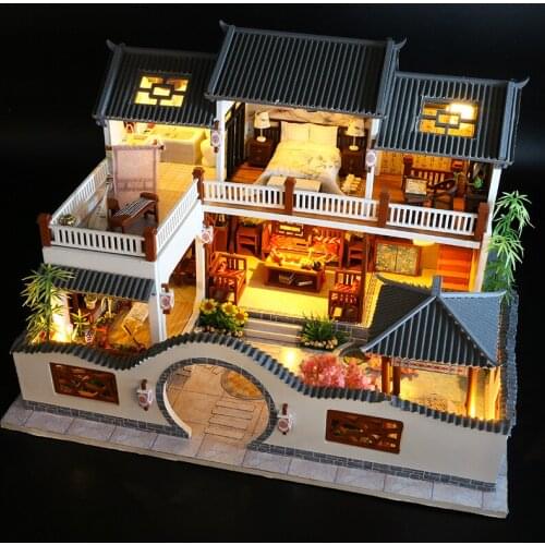 DIY Miniature Kit Wooden Casa Doll House with Furniture Light Chinese Cottage Villa Dollhouse Assembled Toys for Girls Gifts