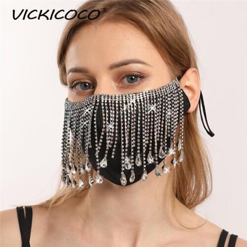 Fashion Shiny Rhinestone Mask Women Face Decor Jewelry Bling Elastic Jewelry Masks With Tassel Diamond Party Halloween Cosplay