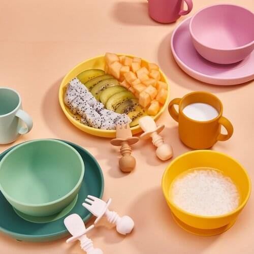 5pcs set Suction Baby feeding bowl with spoon fork, Silicon Cup for toddlers and plates set BPA Free