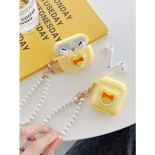 New Yellow Love Pearl Pendant Earphone Cases For AirPods1 2 Pro 3 Bluetooth Headphones Strap Cover Soft Shell Keychain