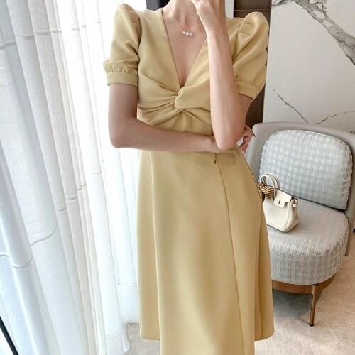 Summer Women Elegant Yellow Midi Dress Korean Clothes Solid Puff Sleeve V-Neck Dress 2021 Vestidos Female Robe