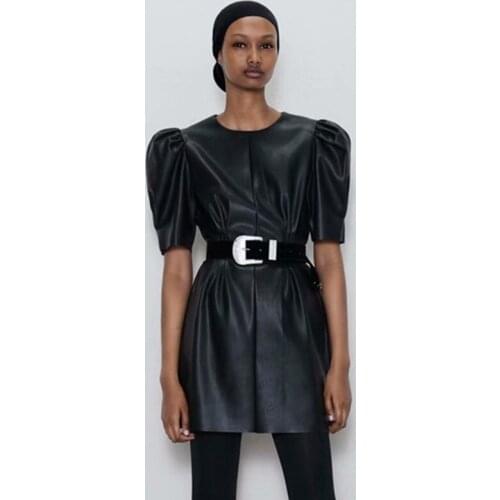 Trendy Soft Women Faux Leather Dress Spring Summer Black A-Line Mini Dresses PU Leather Streetwear Fashion Party Vestidos Female