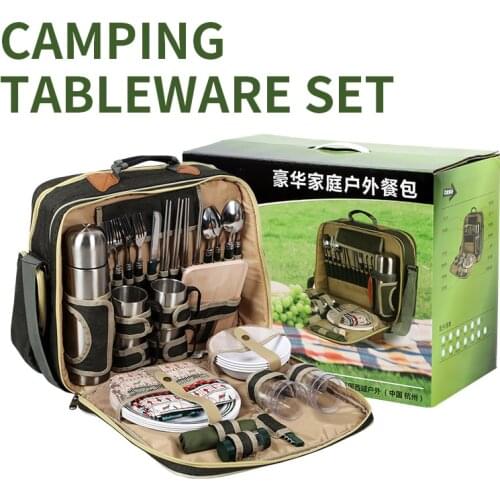 Portable Luxury Camping Picnic Tableware Set Dishes Outdoor Tableware Set With Insulated Bag Camp Cooking Supplies For 4 Person