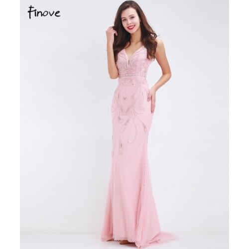 Finove Beading Pink Evening Dresses 2020 Fall New Styles Sexy Big V-Neck Floor-Length Long Dresses for Formal Womens Dresses