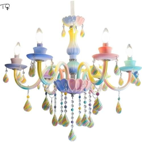 Nordic Macaroon Rainbow Crystal Pendant Lights Led Colorful Glass Candle Lamp Dining Room Hall Bedroom Girl Princess Kids Room