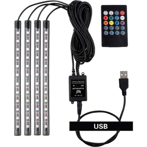 4pc Car Interior Atmosphere RGB LED Strip Foot Ambient remote control Lamp USB Cigarette Lighter Adapter Neon Decorative Light