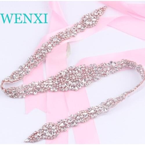 WENXI Craft (5pcs) 90CM Length Wholesale Handmade Clear Rose Gold Rhinestones Appliques Sewing On Bridal Wedding Dresses Belt