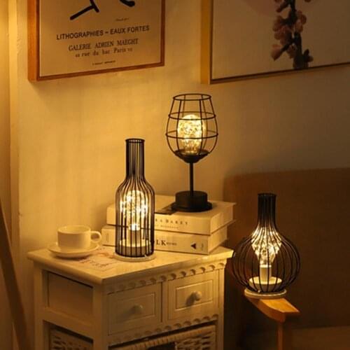 Iron Hollow Out Wine Glass Bottle Night Light LED table Lamp for Cafe Hotel Balcony Home Decoration