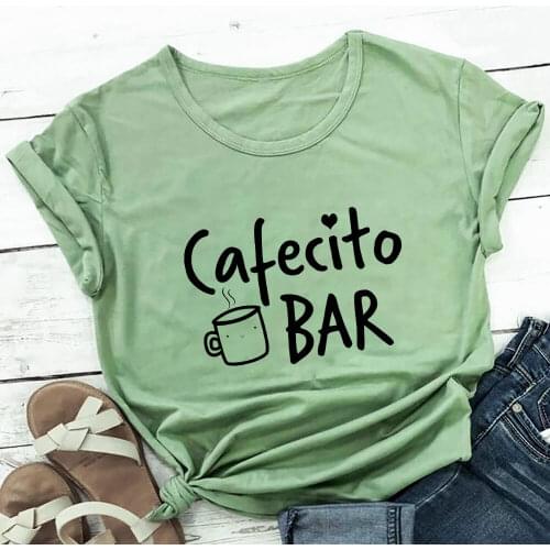 Cafecito Bar 100%Cotton Print Women Tshirt Spanish Shirts Coffee Lover Funny Summer Casual Short Sleeve Top Coffee Lovers Gift