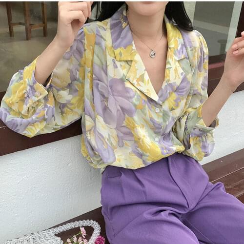 2021 Women Long Sleeve Blouses Plus Size V-neck Blouse Female Casual Vintage Floral Print Shirt Tops Women Chiffon Shirts Q333