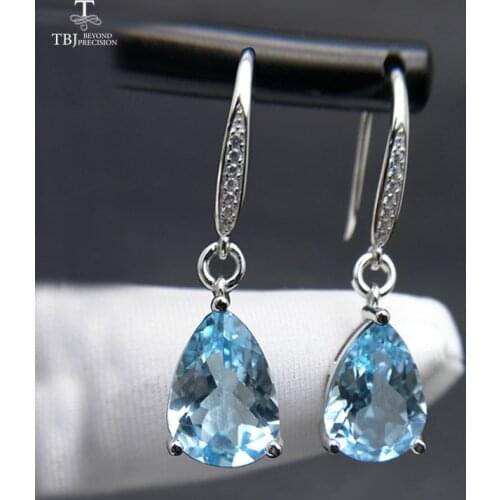 TBJ,Water Drop 8.5ct Genuine brazil blue topaz gemstone Dangle hook Earrings Pure 925 Sterling Silver Fine Jewelry For Women