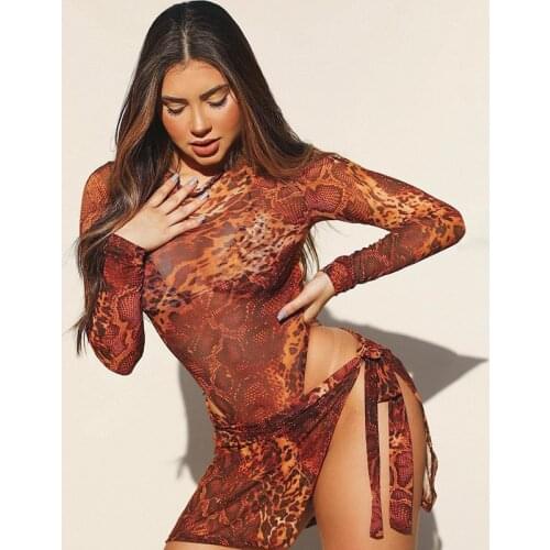 Mesh Snake Print Bodysuits 2 Pieces Women See Through Round Neck Thong Sexy Kerchief Body Top Clubwear 2021 Skirt Wpmen Set