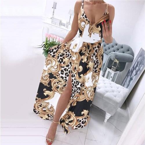 Dresses Womens Casual Suspender Skirt Digital Printed V-neck Slit Mopping Dress Elegant Women Long Dress Loose Vestidos