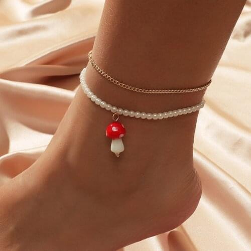 2Pcs/Set Female Bohemian White Pearl Ceramic Mushroom Anklets For Women Beach Style Fashion Simple Gold Color Metal Anklets Gift