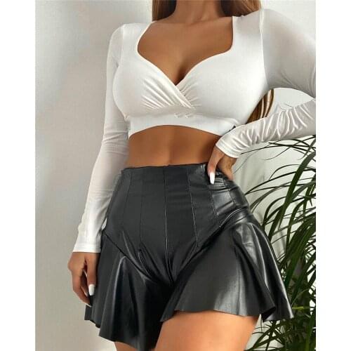 2021 Women Sexy PU Lether Shorts Skirts High Waist Soild Color Shorts Party Clubwear Summer Fashion A-Line Mini Skirt