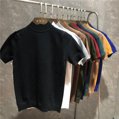 2021 New Men Summer Fashion Half Turtleneck T-shirt Tops Male Korean Style Slim Solid Color Loose Plus Size 4xl Knitted Tees S62