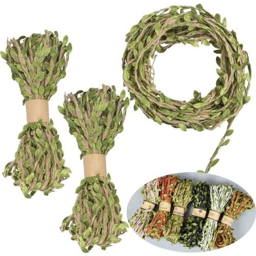 5Meter/lot Natural Jute Twine 5MM Burlap Leaf Ribbon with Artificial Vine Green Leaves for DIY Crafts Wedding Garden Party Decor