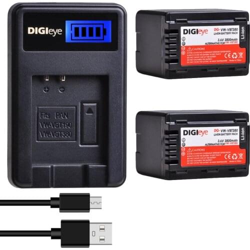 2Pcs VW-VBT380 VWVBT380 Battery + LCD USB Charger for Panasonic HC-V800K HC-VX1K HCV510 HCV520 HC-V550 HCV710 HC-V770 HCV770