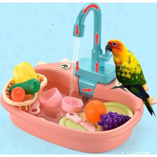 Bird Bath Tub Feeder Bowl Parrot Automatic Shower Bathtub Swimming Pool with Faucet Pretend Play Kitchen Sink Dishwasher