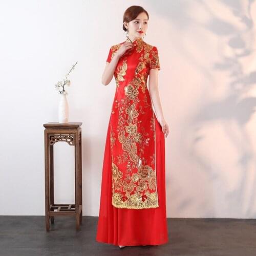 Cheongsam modern Plus Size Long Cheongsam Chinese Style Evening Dress Oriental Womens Elegant Party Qipao wedding dress 2020