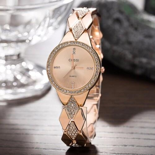 CUSSI 2018 Womens Watches Rose Gold Luxury Rhinestone Ladies Bracelet Watches Fashion Dress Quartz Wristwatch reloj mujer Gifts
