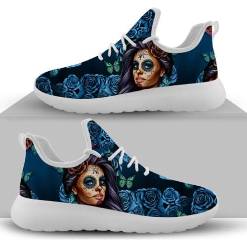 Jackherelook Rose Sugar Skull Print Woman Shoes Knitting Vulcanize Gothic Flower Design Female Mesh Sneaker Flats Tenis Feminino