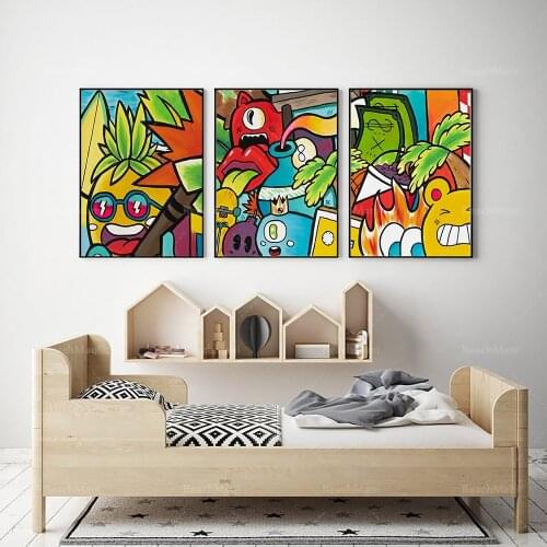 Boy room decoration graffiti painting, large wall art 3-piece set, canvas color cartoon graffiti printing, boy bedroom decoratio
