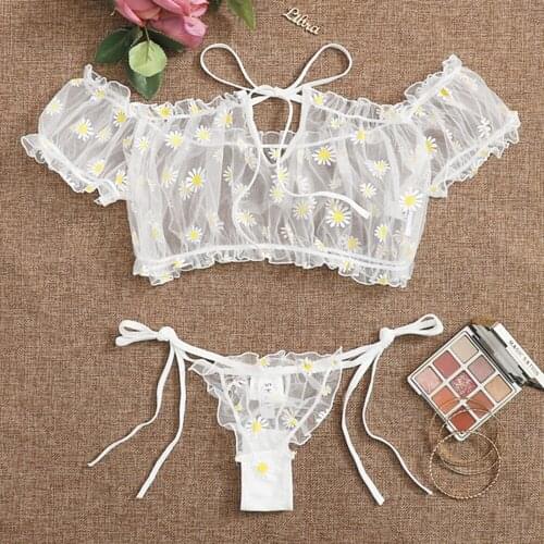 Women Sexy Sheer Daisy Floral Printing Off-Shoulder Crop Top + Bow knot Tie-Waist Thong-Panty Underwear Sets 2 PCs