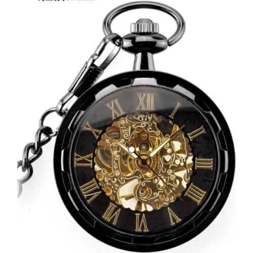 Hot Sell No Cover Mechanical Pendant Pocket Watch Retro Skeleton Roman Dial Steampunk Gift Pocket Watch with Chain 10pcs/lot