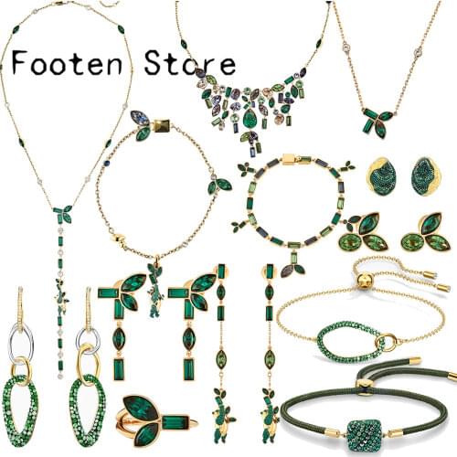 SWA Fine Fashion Jewelry Beautiful Earth Green Crystal Series Lady Bracelet and Necklace Ring Jewelry Set Banquet Jewelry Charm