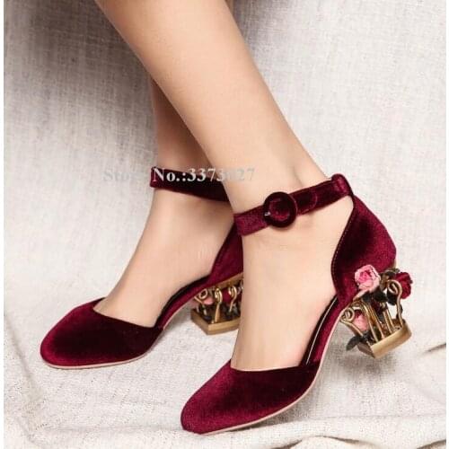 New Wine Red Velvet Flower Decor Heel Pumps Shoes Women Strange Style Heel Pink Wedding Shoes Lady Fashion Single Shoes Dropship